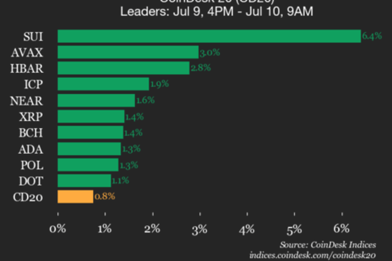 CoinDesk 20 Performance Update: SUI Gains 6.4% as Index Trades Higher