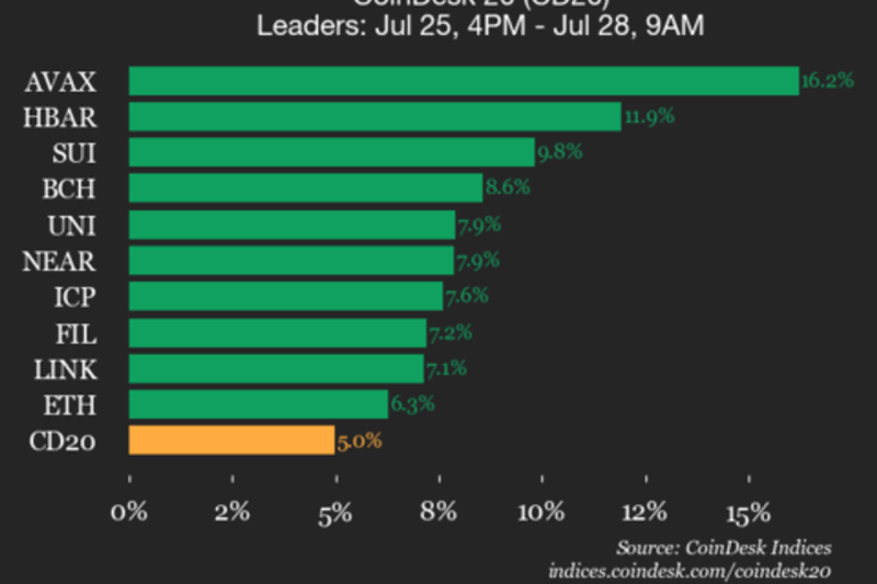 CoinDesk 20 Performance Update: Avalanche (AVAX) Surges 16.2% as All Assets Rise