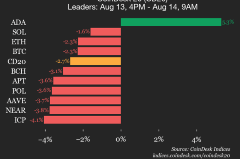 CoinDesk 20 Performance Update: Uniswap Drops 8.2%, as Nearly All Assets Decline