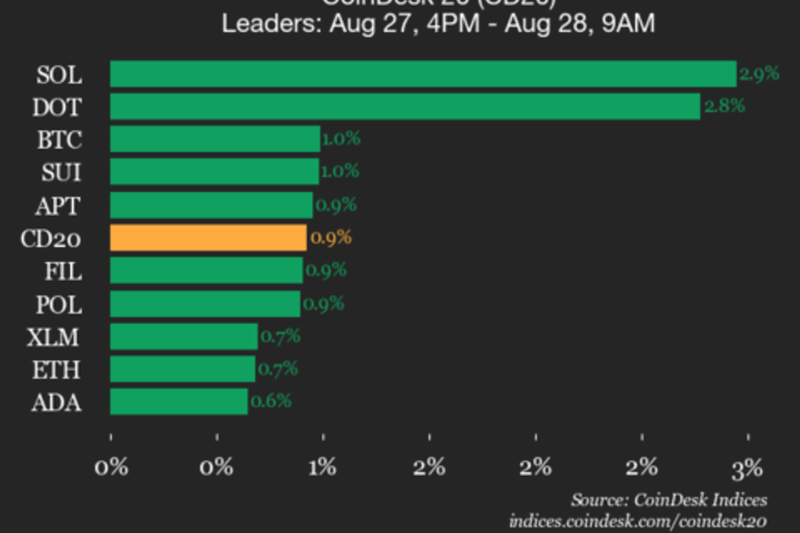 CoinDesk 20 Performance Update: Solana (SOL) Rises 2.9%, as Index Climbs Higher