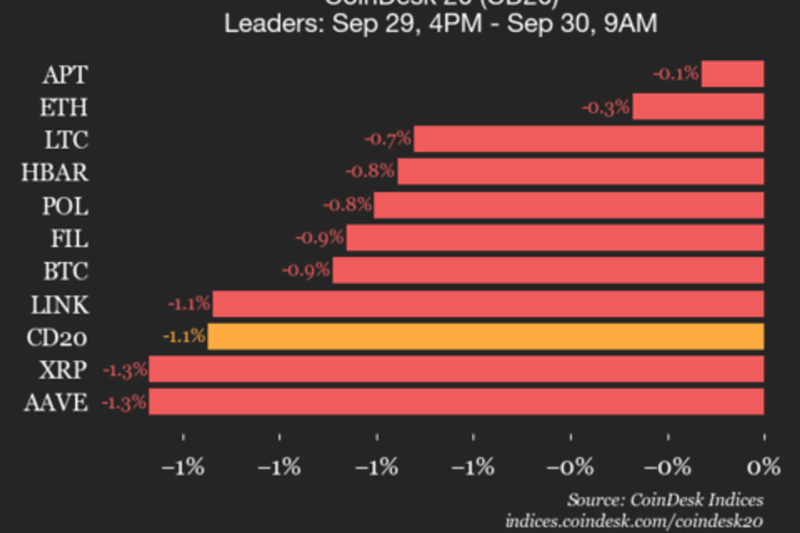 CoinDesk 20 Performance Update: Index Declines 1.1% as All Constituents Trade Lower
