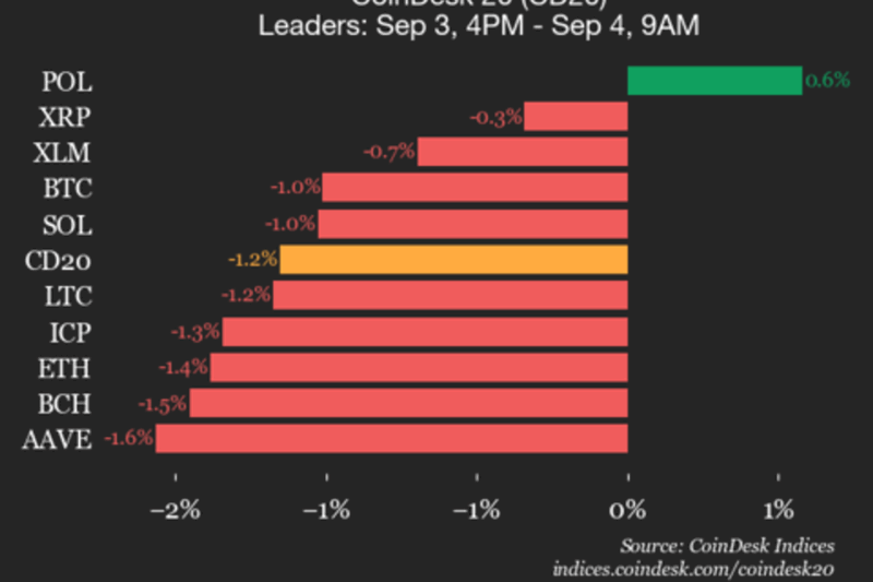 CoinDesk 20 Performance Update: Polygon (POL) Gains 0.6% as Nearly All Assets Decline