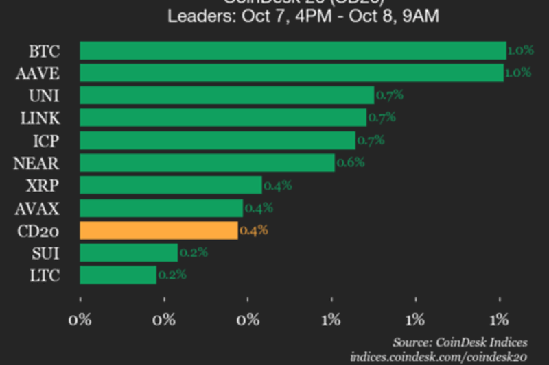 CoinDesk 20 Performance Update: Bitcoin (BTC) Rises 1%, Leading Index Higher