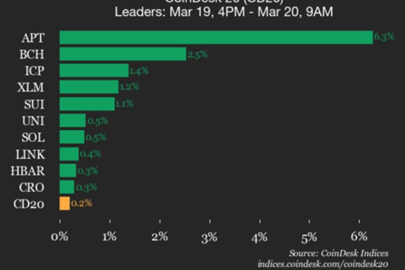 CoinDesk 20 performance update: Aptos (APT) gains 6.3% as index rises