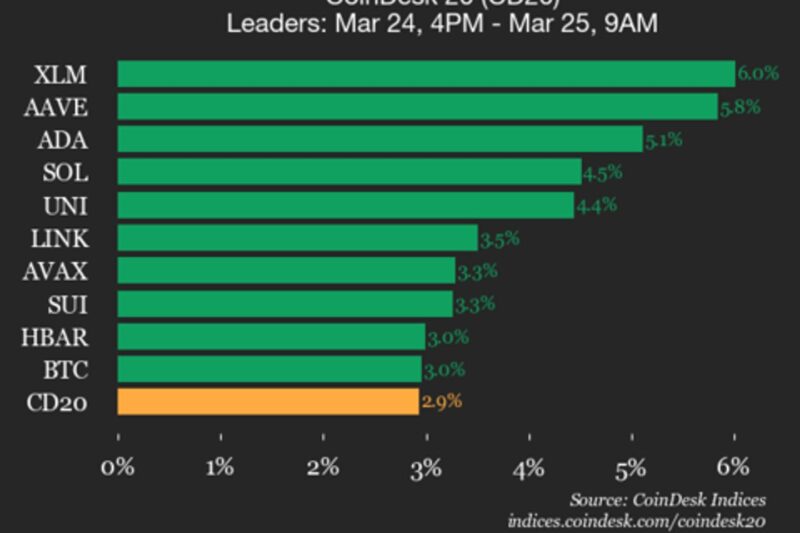 CoinDesk 20 performance update: Stellar (XLM) gains 6% as all constituents rise