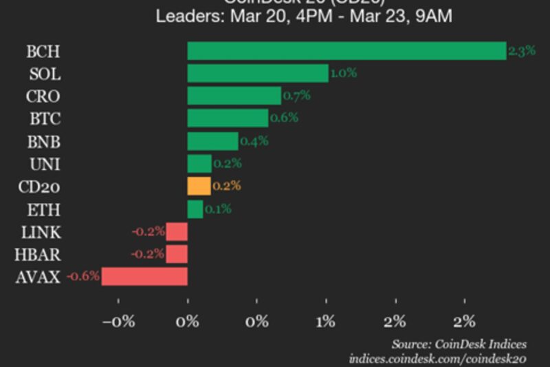 CoinDesk 20 performance update: Bitcoin Cash (BCH) gains 2.3%, leading index higher