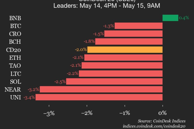 CoinDesk 20 performance update: BNB is only gainer as index drops 2%